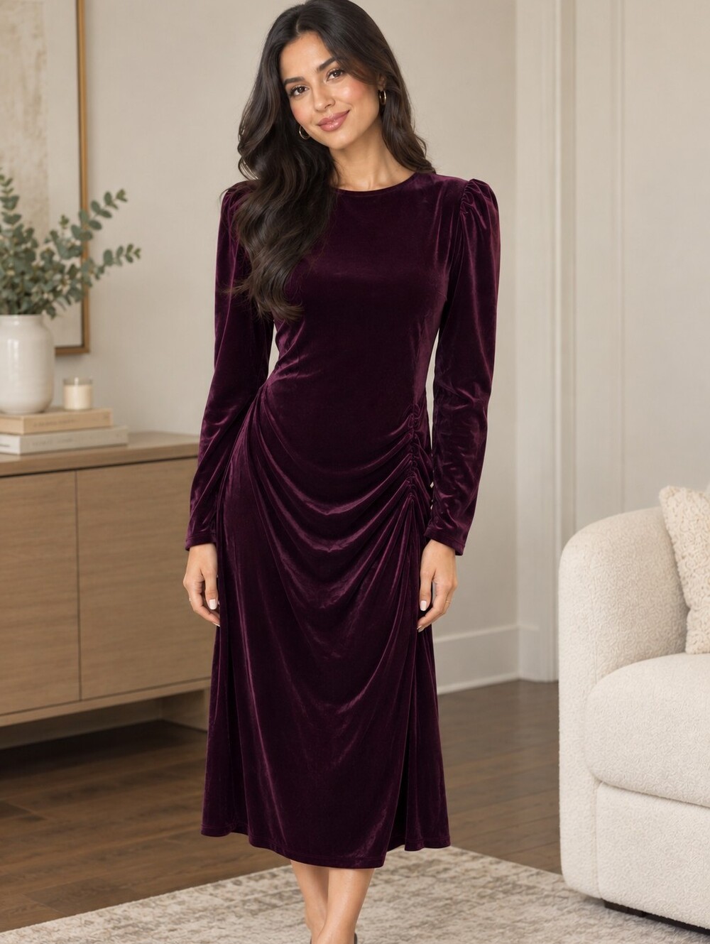 Express Plum Velvet Long Sleeve Midi Dress